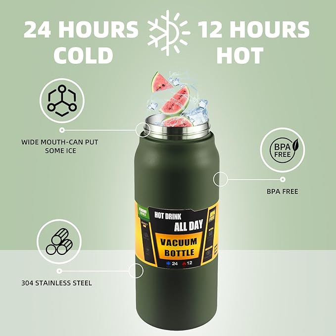 50oz/1.5L Insulated Sports Water Bottle, Stainless Steel Double Wall Water Jug with Handle, 2-in-1 Chug Spout and Straw Lid with Lock Cover for School, Outdoor, Sports & Travel, Army Green