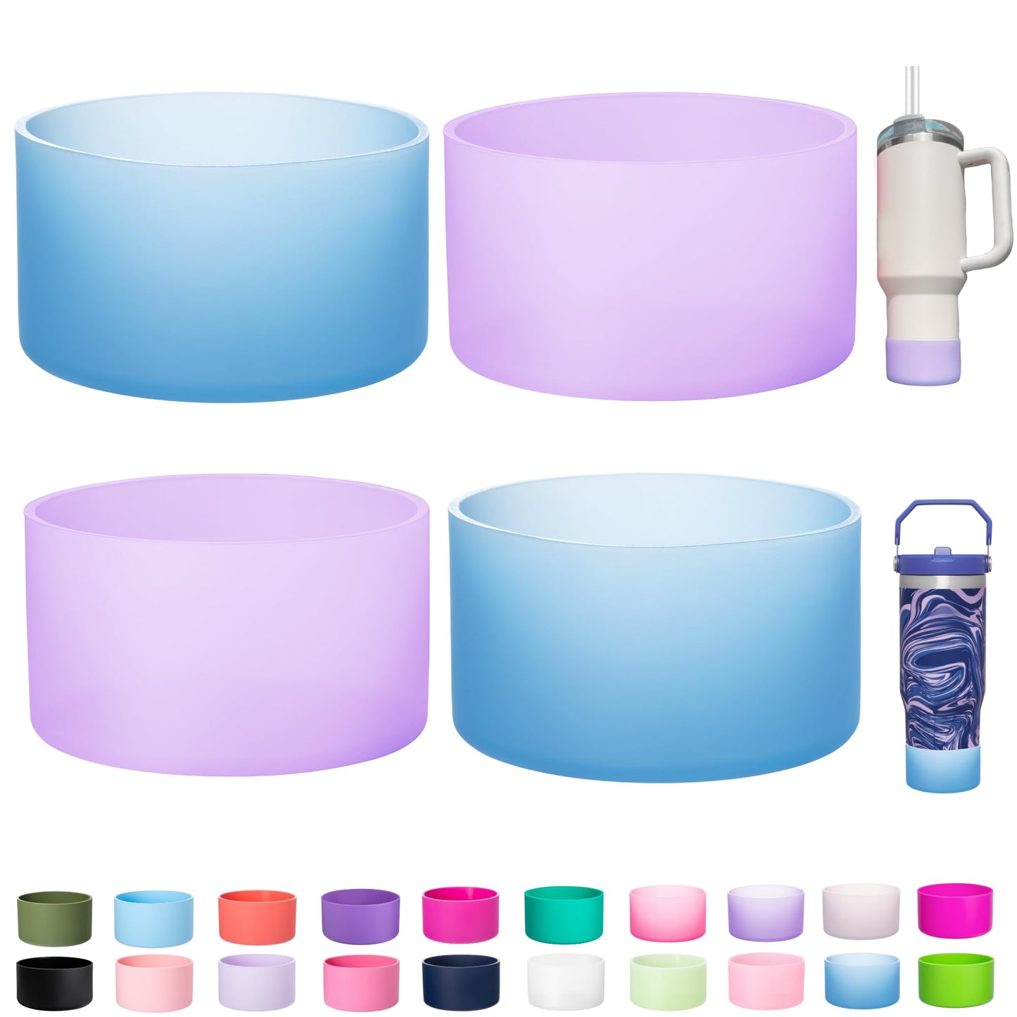 LONPARRY 4-Pack Silicone Boot for Stanley Cup Quencher IceFlow Rubber Bottom Sleeve Protector for Stanley Tumbler HydroFlask Owala Car Travel Cup Bottle Bottom (2Clear Blue+2Clear Purple)