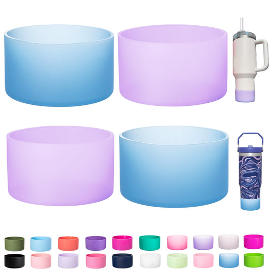 LONPARRY 4-Pack Silicone Boot for Stanley Cup Quencher IceFlow Rubber Bottom Sleeve Protector for Stanley Tumbler HydroFlask Owala Car Travel Cup Bottle Bottom (2Clear Blue+2Clear Purple)