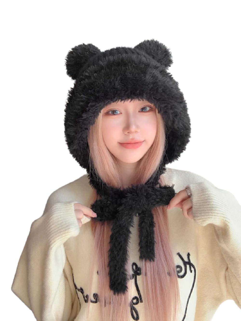 ANKOMINA Winter Cute Bear Ear Warm Hat Women Plush Earflap Beanie Hat Kids Girls Windproof Skull Cap B Black
