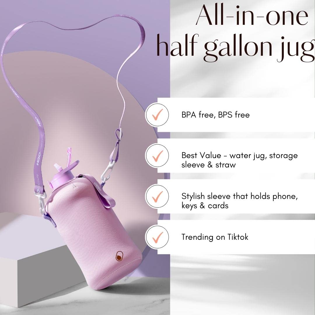 H2O Capsule 2.2L Half Gallon Water Bottle with Storage Sleeve and Covered Straw Lid – BPA Free Large Reusable Drink Container with Handle - Big Sports Jug, 2.2 Liter (74 Ounce) Lilac
