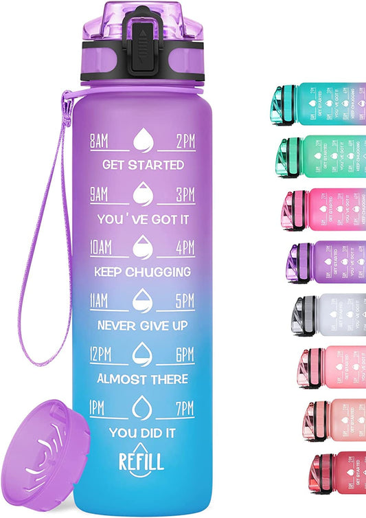 MEITAGIE 1000ml Motivational Water Bottle with Time Marker, Leak-proof BPA Free Tritan Drink Bottle with Fruit Strainer, Perfect for Fitness, Gym and Outdoor Sports