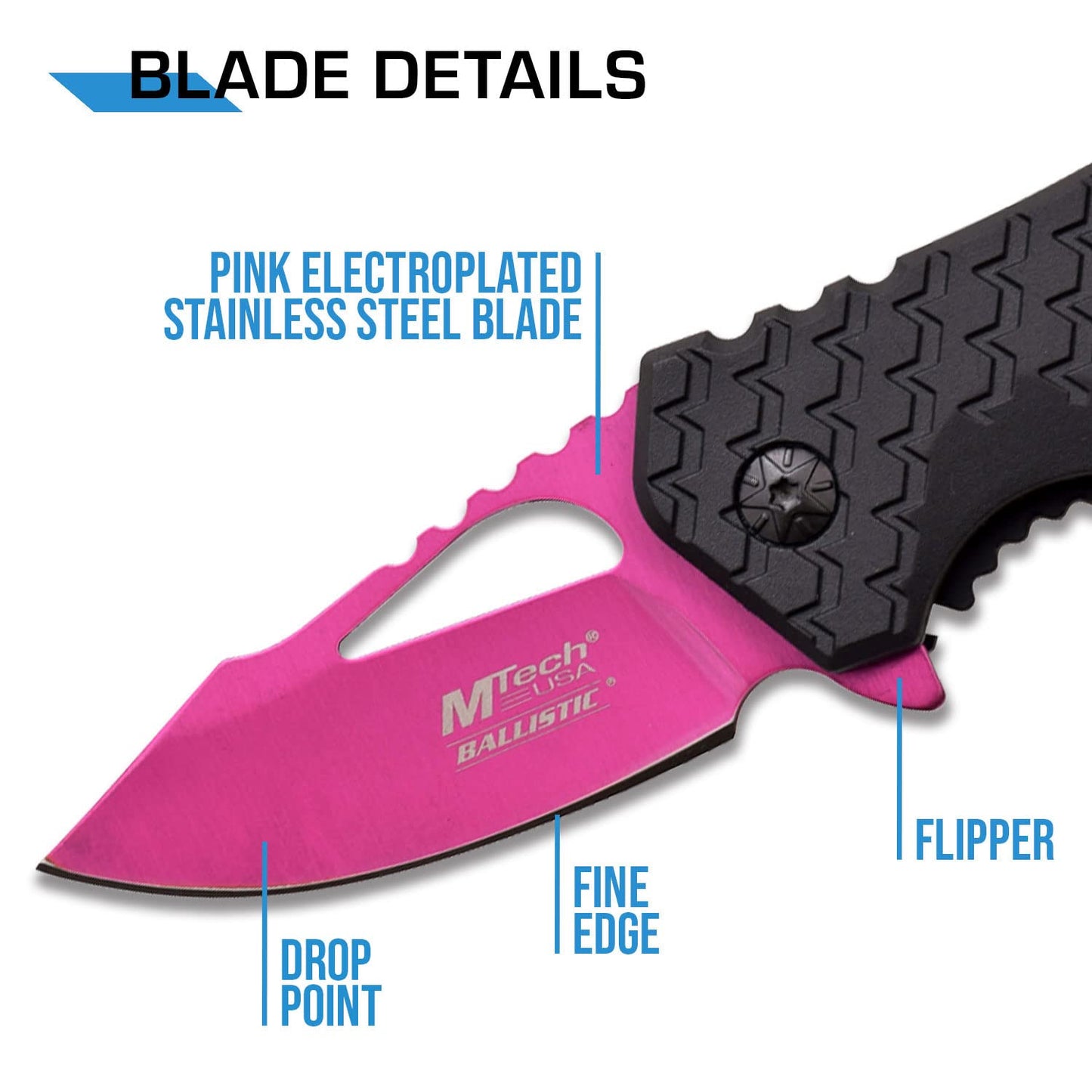 MTech USA – Spring Assisted Folding Knife – Pink Fine Edge Stainless Steel Blade with Black Nylon Fiber Handle, Bottle Opener, Pocket Clip, Tactical, EDC, Self Defense- MT-A882PK