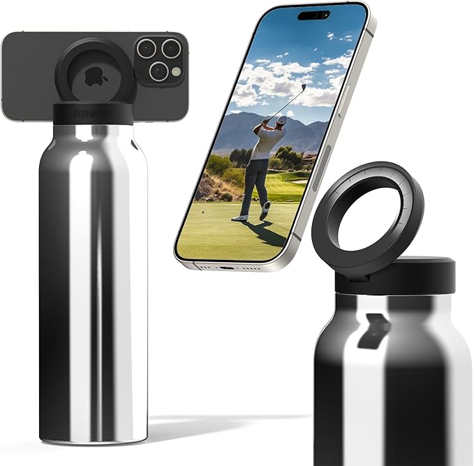 Ringo Insulated Water Bottle- Compatible MagSafe Water Bottle Phone Holder-Stainless Steel School Water Bottle Magnetic Phone Mount for Kids & Adult - Hot 12H Cold 24H 360° Rotate-Stainless Steel 32oz