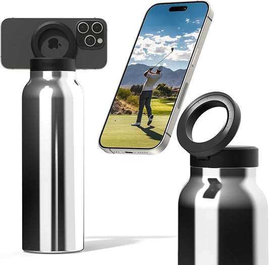 Ringo Insulated Water Bottle- Compatible MagSafe Water Bottle Phone Holder-Stainless Steel School Water Bottle Magnetic Phone Mount for Kids & Adult - Hot 12H Cold 24H 360° Rotate-Stainless Steel 32oz