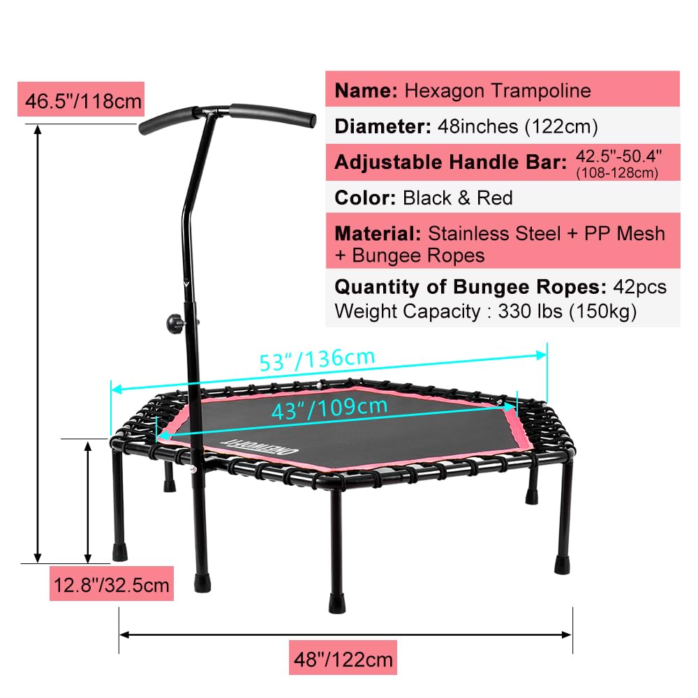 ONETWOFIT 48" Silent Mini Trampoline with Adjustable Handle Bar Fitness Trampoline Bungee Rebounder Jumping Cardio Trainer Workout for Adults Pink