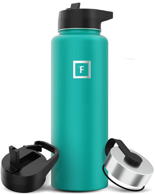 IRON °FLASK Sports Water Bottle - Wide Mouth with 3 Spout Lids - Stainless Steel Gym & Outdoor Bottles for Men, Women & Kids - Double Walled, Insulated Thermos, Metal Canteen - Aquamarine, 40 Oz