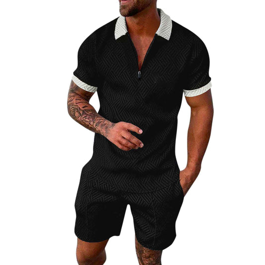 Generic Mens Short Sets 2 Piece Outfits Fashion Summer Tracksuits Casual Set Casual Matching Polo Shirts and Short Set, X-Large, #A02-black