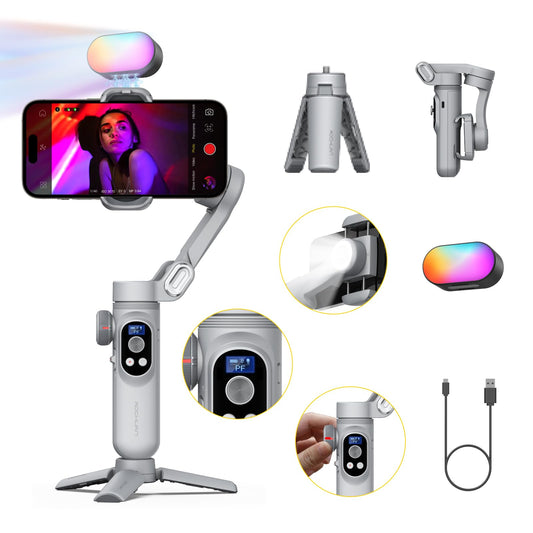 AOCHUAN iPhone Gimbal, 3-Axis Gimbal Stabilizer for Smartphone w/RGB Magnetic Fill Light Portable with Fous/Zoom Wheel for Vlog, Compatible with iPhone 15 Pro Max/Android-Smart X Pro Kit Gray