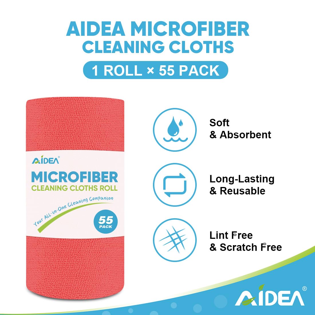 AIDEA Microfiber Cleaning Cloth, Shop Towels 55 Sheets, Micro Fiber Cloth for Cleaning Car, Red Shop Rags Cleaning Towels Reusable Paper Towels for Automotive, Mechanic, Workshops, Kitchen-11×9"