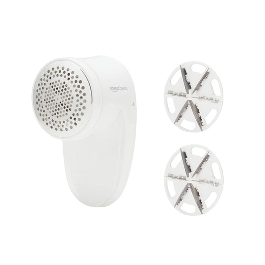 Amazon Basics Battery Operated Fabric Shaver for Lint and Fuzz Removal, Includes 2 Spare Blades, White