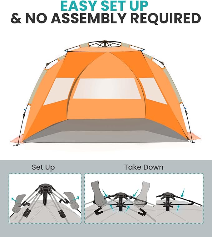 OutdoorMaster Beach Tent for 3-4 Person - Easy Setup and Portable Beach Shade Sun Shelter Canopy with UPF 50+ UV Protection Removable Skylight Family Size