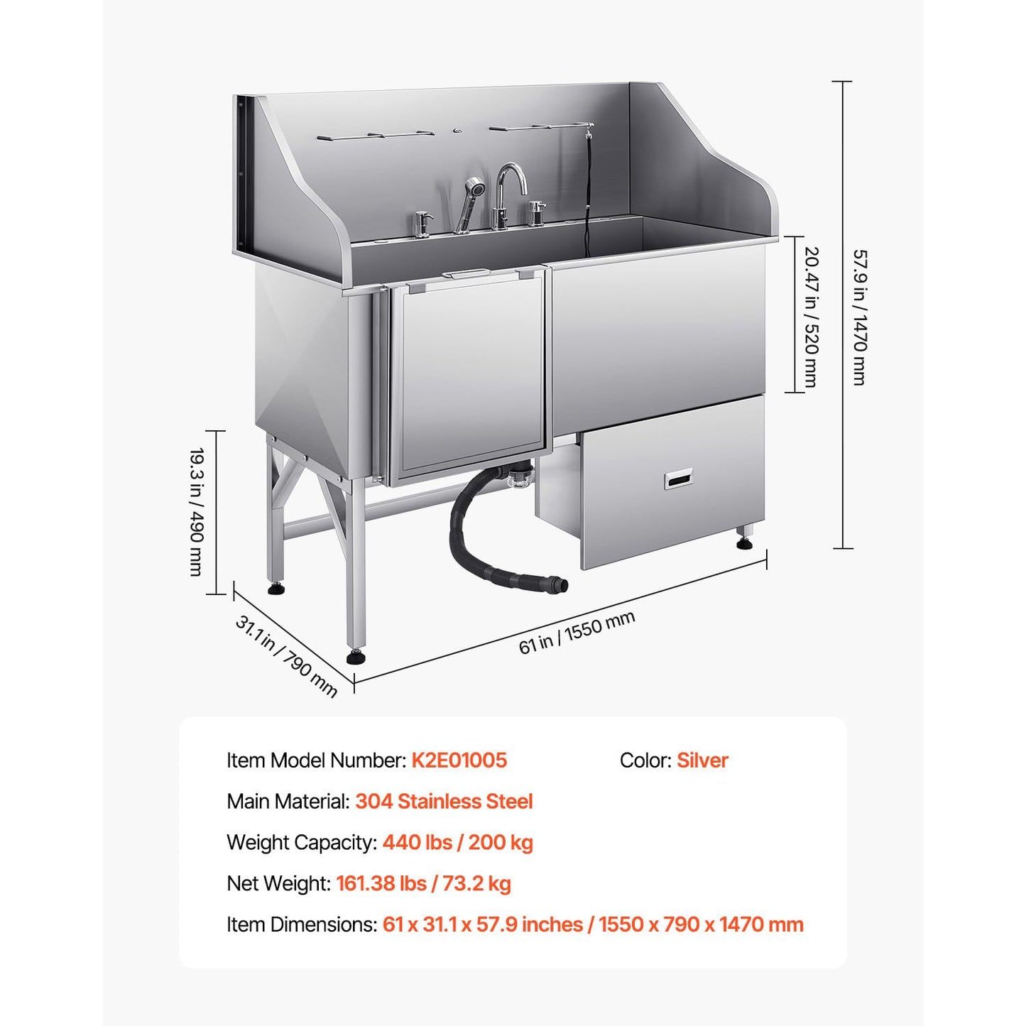 Happybuy Stainless Steel Dog Washing Station, 61 - inch Pet Grooming Tub with Ramp, Water Filter Board, Faucet, Showerhead & Leash, Suitable for Large, Medium and Small Pets (Left Door)
