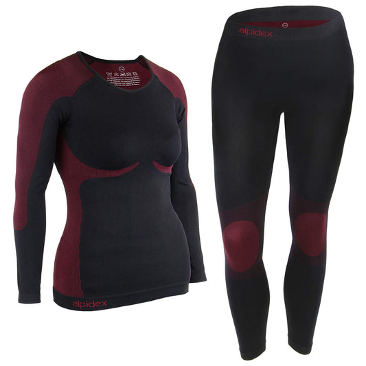 ALPIDEX Functional Wear Thermal Underwear Woman Ski Breathable Quick Drying Clothing Warm Base Layer Ladies Cold Weather Set Long Johns Top Bottom, Size:2XL/3XL, Colour:Black-Red