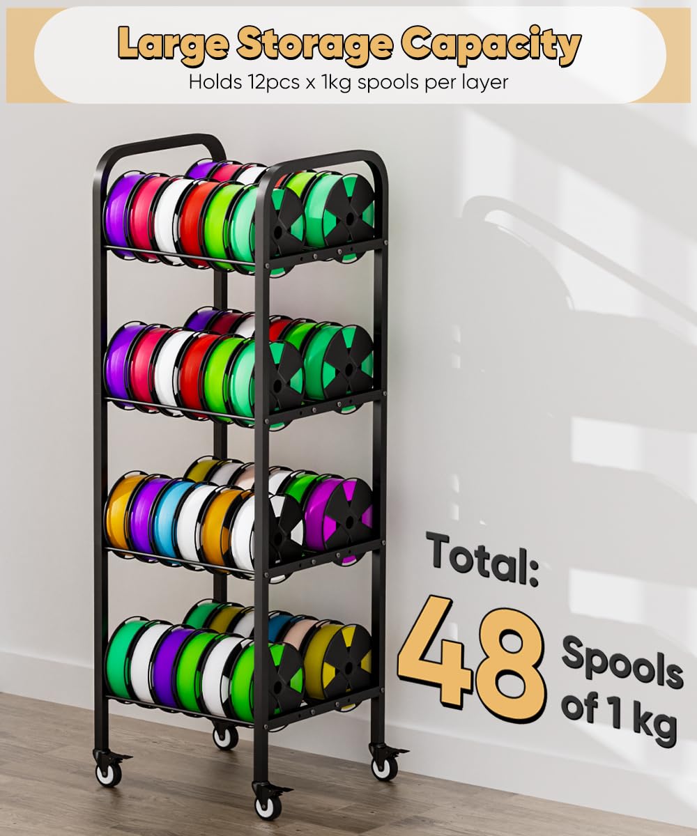 AnBaiMei 4-Tier 3D Printer Filament Storage Rack with Wheels, Rolling Spool Holder Stand Cart, Holds up to 48×1kg Spools, Heavy Duty Metal Filaments Organizer Shelf for Printing Studio Office Workshop