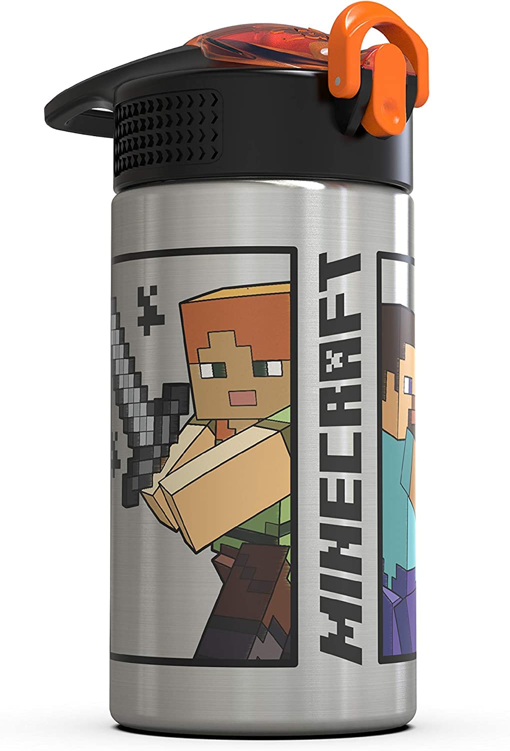 Zak Designs Minecraft - Stainless Steel Water Bottle with One Hand Operation Action Lid and Built-in Carrying Loop, with Straw Spout is Perfect for Kids (15.5 oz, 18/8, BPA-Free)