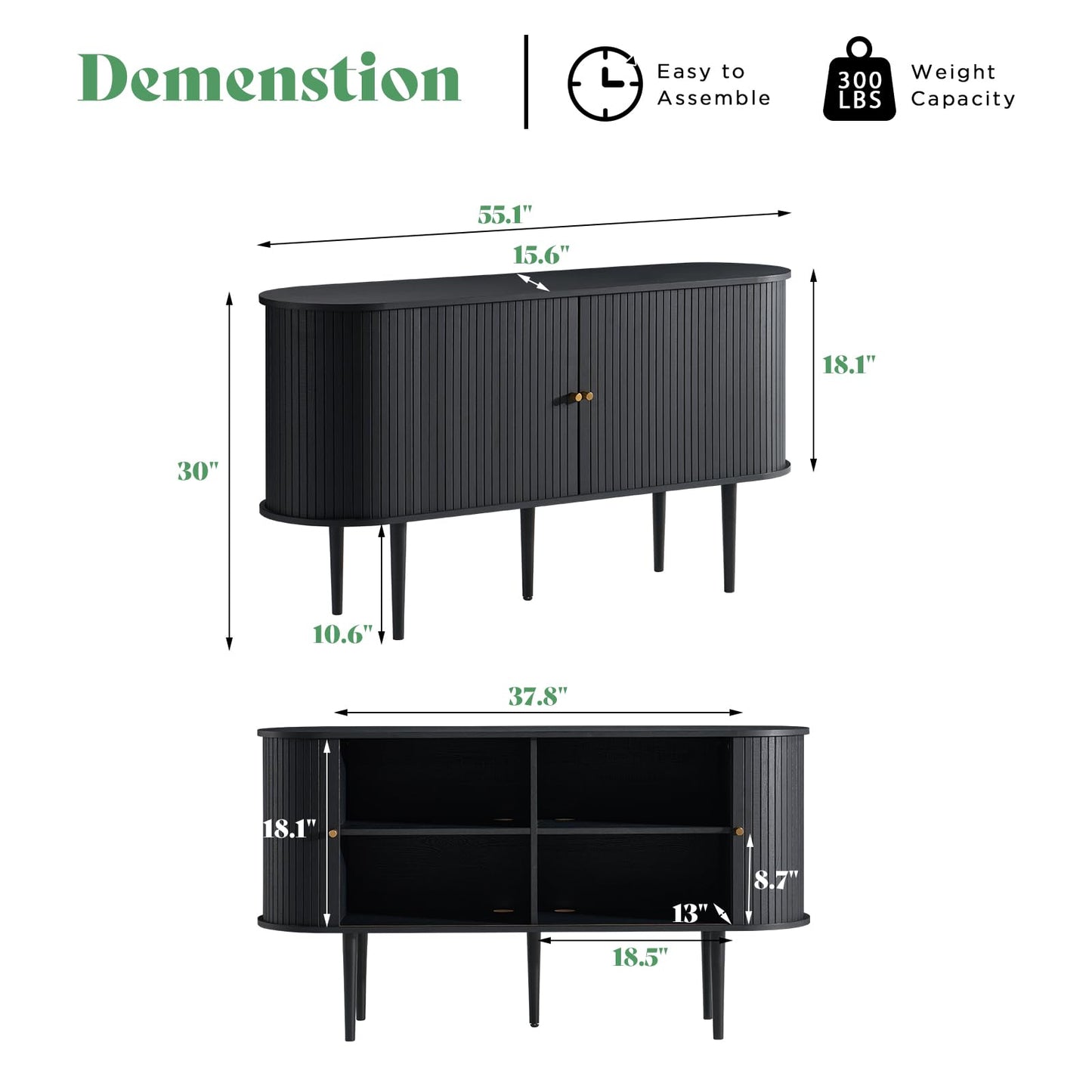 AMERLIFE 55" TV Stand with Solid Wood Legs, Mid Century Modern TV Console with Tambour Door for 80-inch TV, Dust-Proof Storage Cabinet for Living Room, Embossed Black