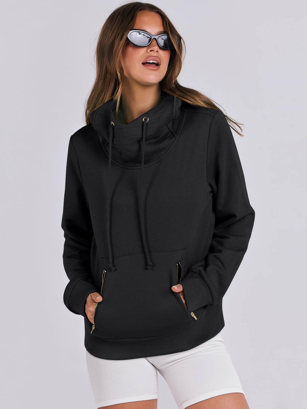 ANRABESS Womens Hoodie Cowl Neck Long Sleeve Sweatshirts 2024 Winter Fashion Pullover With Drawstring Teen Girls Clothes Black Small