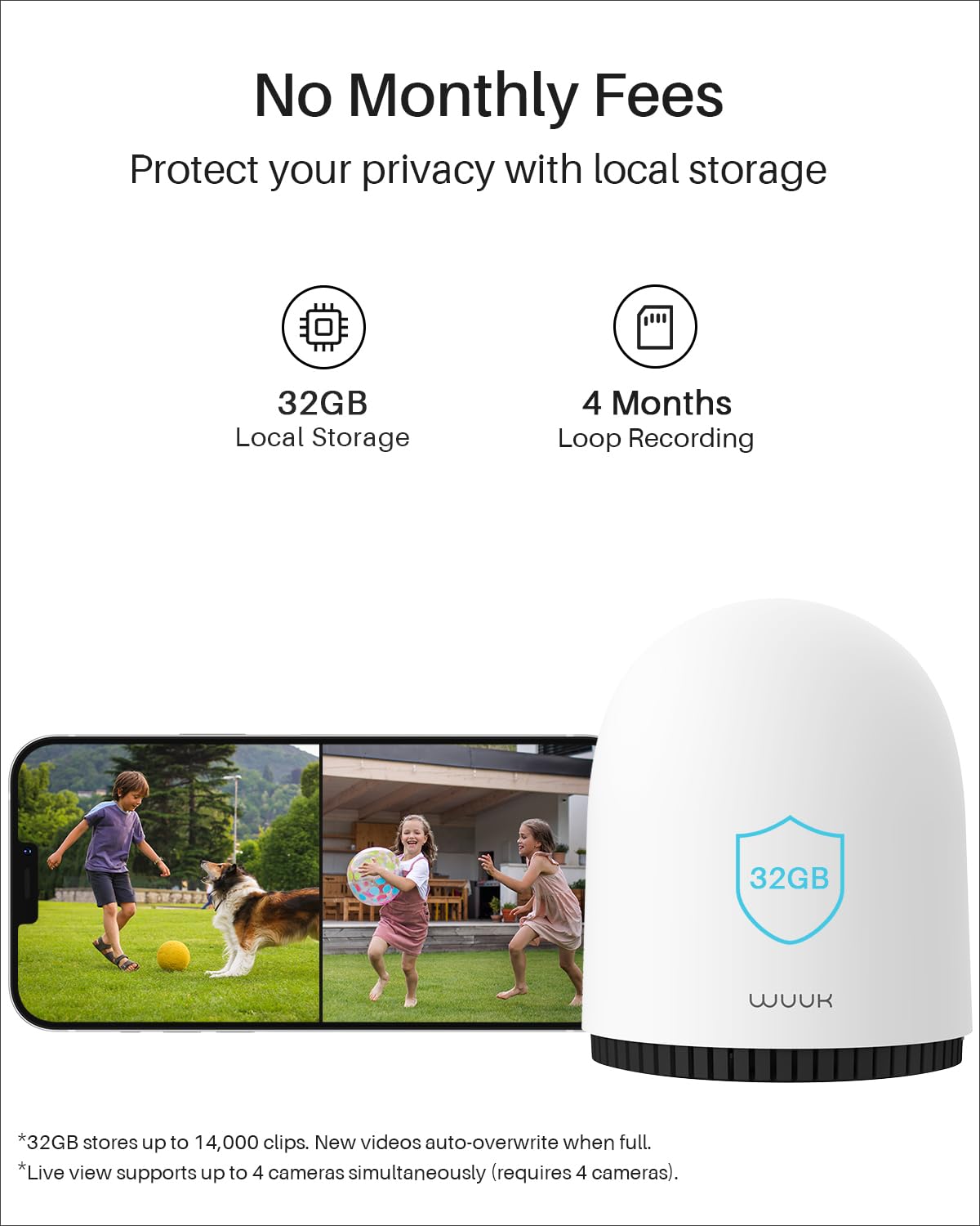WUUK Indoor Outdoor Security Camera Wireless 2K, Homebase + 2 Cameras, No Monthly Fees, 32GB Storage, 2.4/5 GHz WiFi, 240 Days Battery Life, Night Vision, Compatible with Alexa & Google