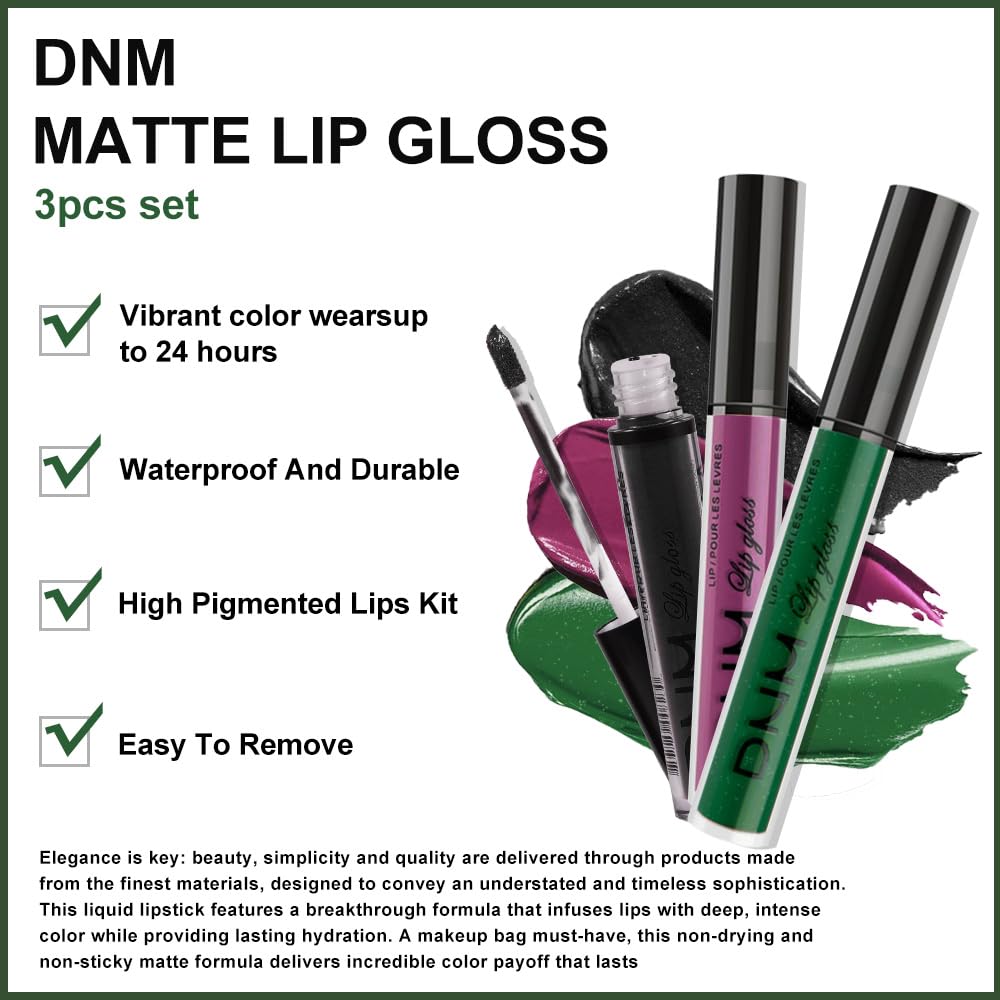 AMY'S DIARY Purple Green Black Matte Plum Liquid Lipstick 3Pcs Sets,24-hour Lipstick Long Lasting Permanent L Magic Lipstick Waterproof Lip Stain 24 Smudge Waterproof for Women (Set18)