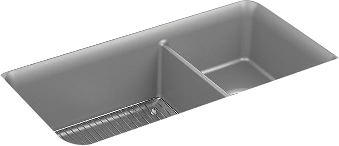 KOHLER K-8204-CM4 Cairn Sink, 33" Neoroc Composite Undermount Double-Bowl Kitchen Sink, Composite Kitchen Sink with Sink Rack, Matte Grey