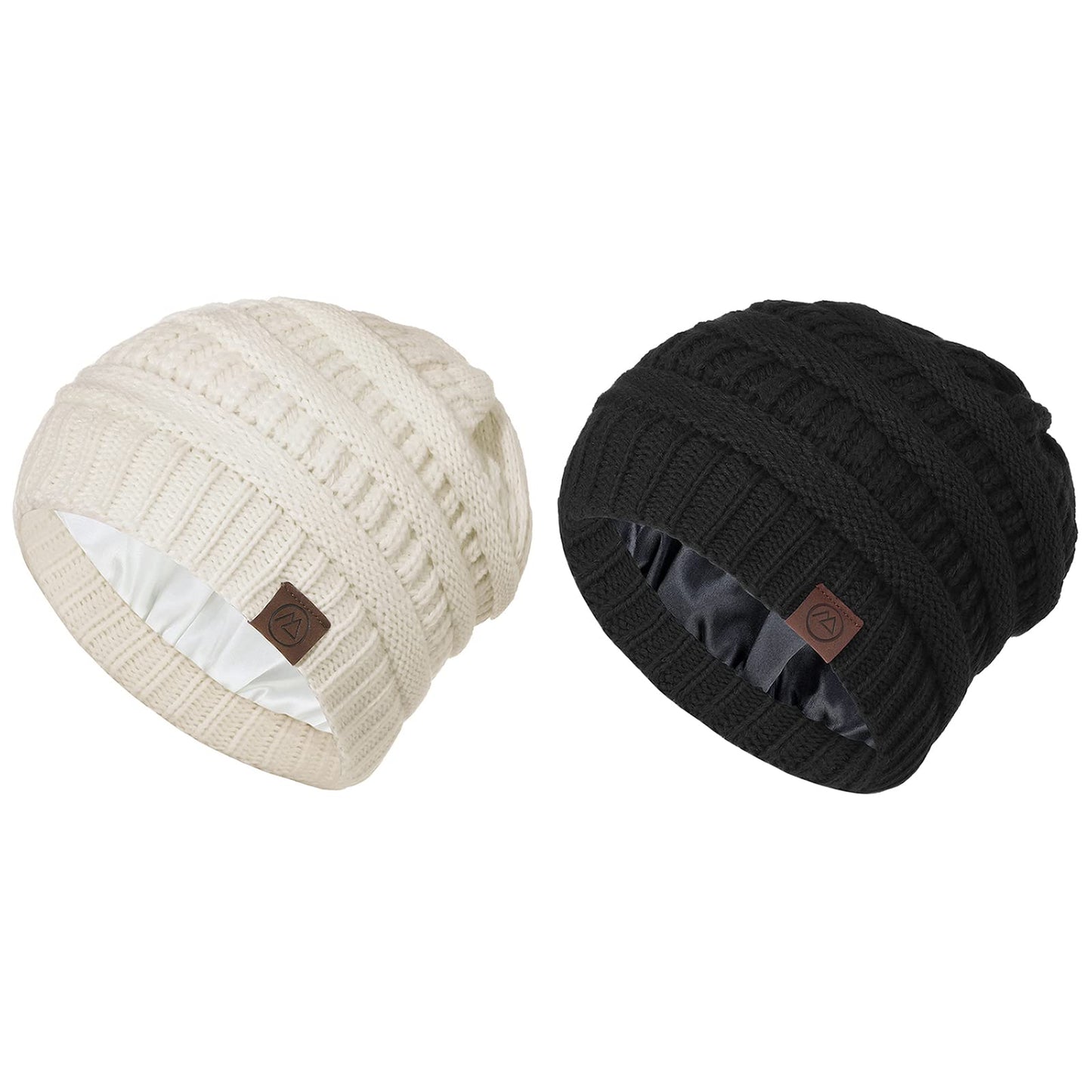 American Trends Winter Hats for Women Satin Lined Beanie Hats Cable Warm Knit Skull Cap Thick Slouchy Beanie for Cold Weather Black&Beige