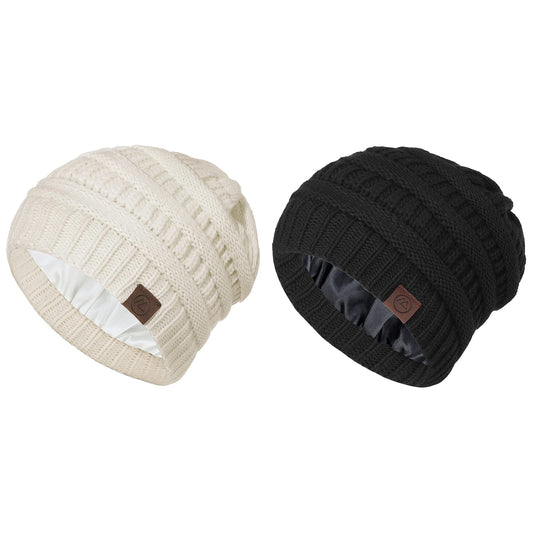 American Trends Winter Hats for Women Satin Lined Beanie Hats Cable Warm Knit Skull Cap Thick Slouchy Beanie for Cold Weather Black&Beige
