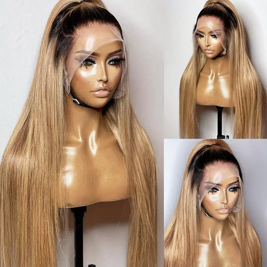 ANDRIA 13x4 HD Lace Front Wigs 200% Density Honey Blonde Straight Glueless Lace Frontal Wigs ombre Ash Blonde Wig for Black Women Synthetic Heat Resistant Hair Wig With Baby Hair Pre Plucked 28 Inch