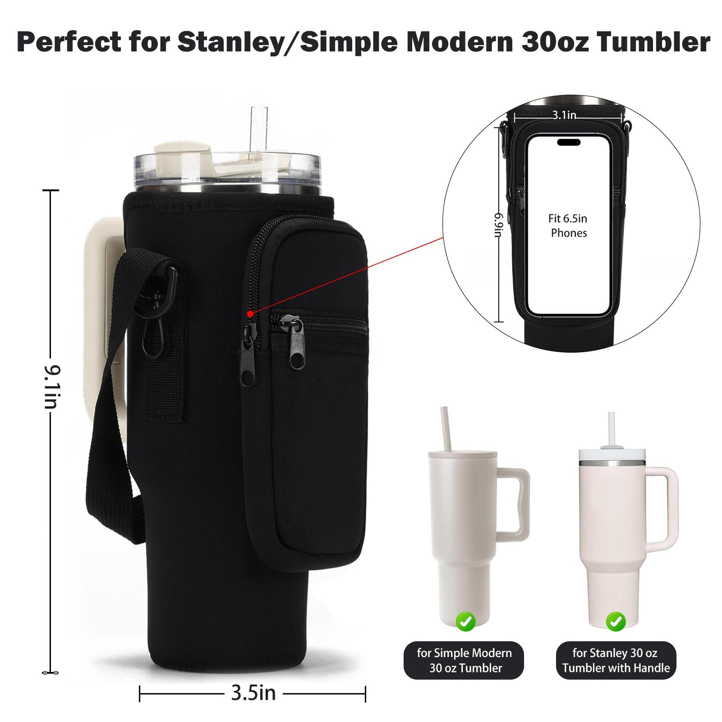 GOEWY Water Bottle Carrier Bag for Stanley 30oz Tumbler with Phone Pocket Water Bottle Holder with Strap Neoprene Water Bottle Pouch for Stanley Cup Accessories