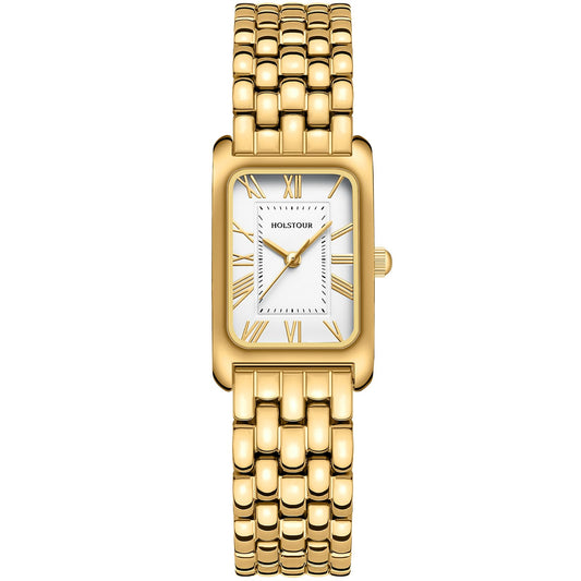 HOLSTOUR Watches for Women Vintage Bracelet White Roman Dial Rectangular Case Gold Watch Waterproof with Tools