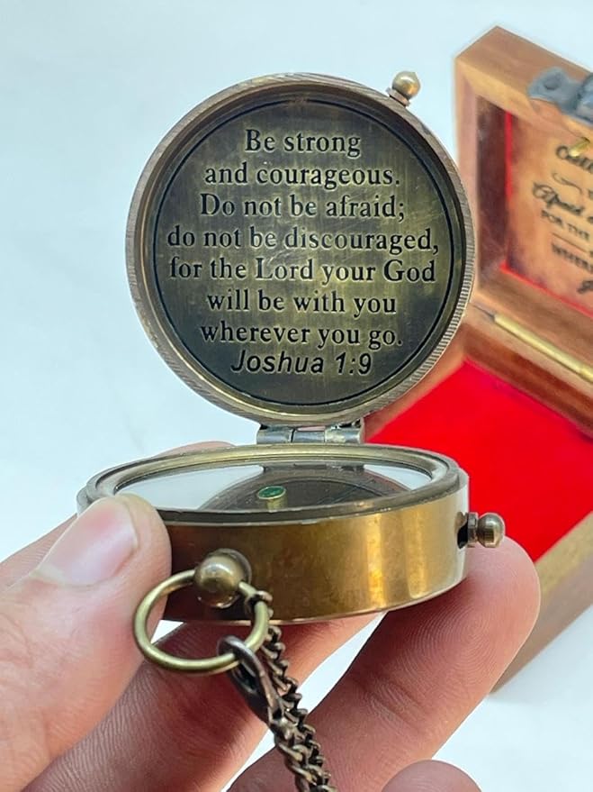 Antique Brass Compass Gift, Pocket Sundial Compass with Engraved Quote Be Strong and Courageous Perfect Compass Gifts for Men, Vintage Nautical Compass