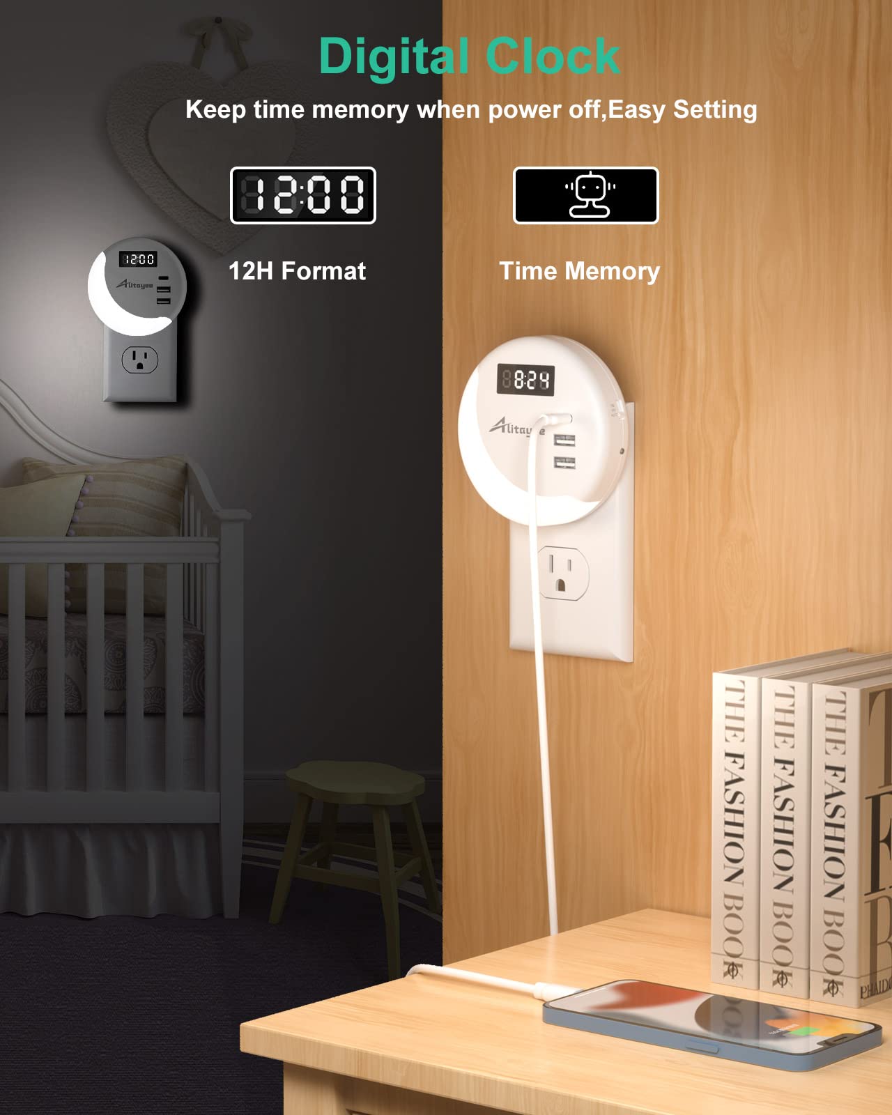 Alitayee LED Night Light, Night Lights Plug Into Wall, Smart Light Sensor Nightlight with USB C Charger(MAX 15.5W) and Digital Clock for Bedroom Stairs Kitchen Hallway Room Kids Adults Daylight White