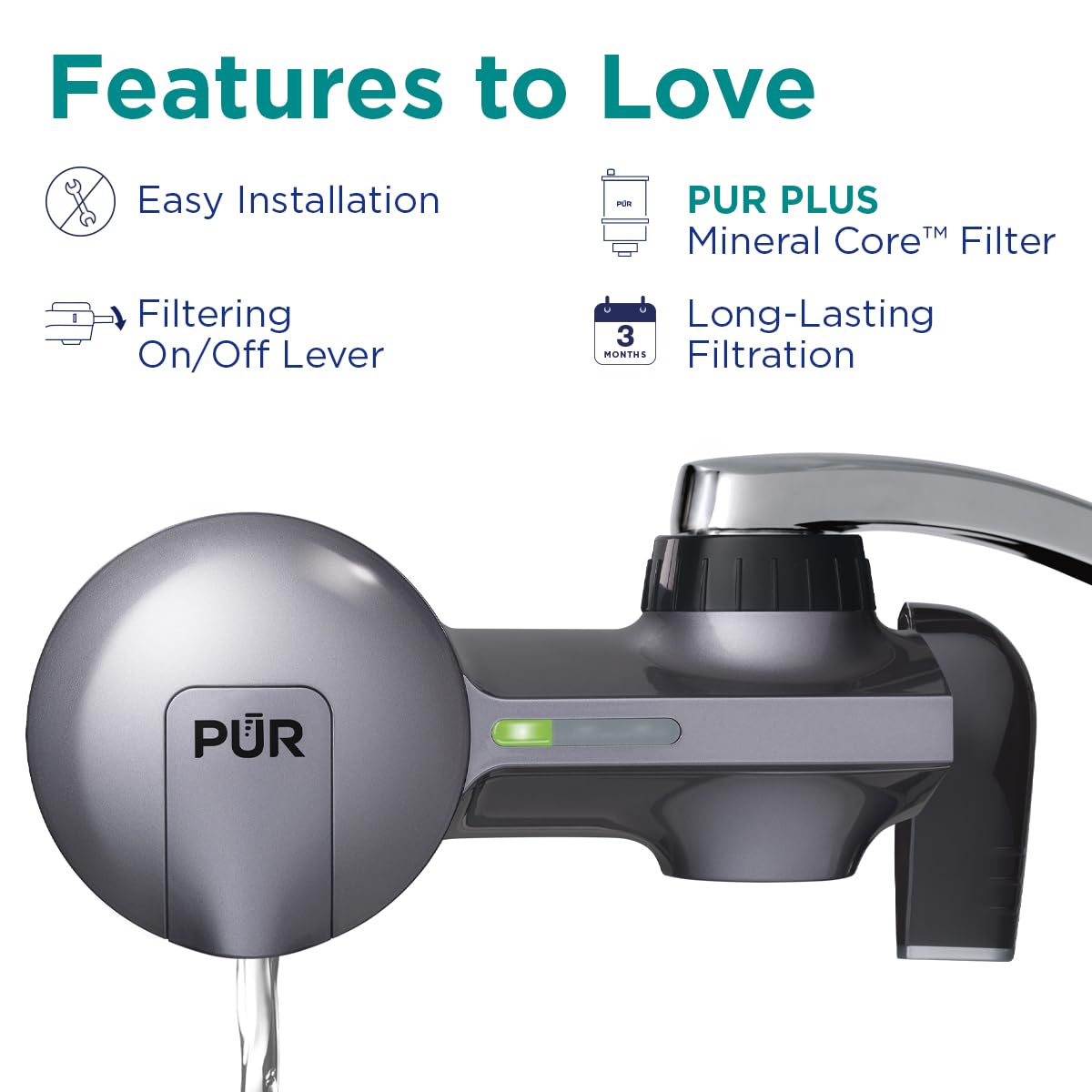 PUR PLUS Horizontal Faucet Mount Water Filtration System with 3-in-1 Lead Reducing Filter for Great-Tasting Filtered Tap Water, Lasts 100 Gallons, Fits Most Kitchen or Bathroom Faucets, Metallic Grey