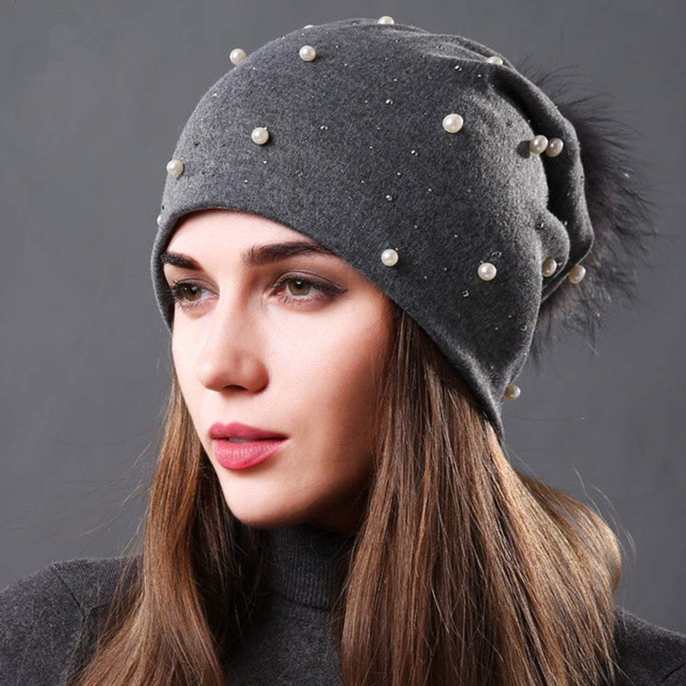 AICHUAN Womens Slouchy Beanie Hat with Fur Ball Pompom Cotton Pearls Winter Fall Hat