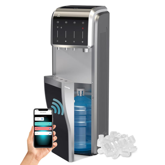 ICEPURE 5-in-1 Water Cooler with Ice Maker, Bottom Load for 5 Gallon Bottle, WIFI, Bullet and Crushed/Chewable Ice, 35lbs/24H, Hot and Cold Water, Water Dispenser Built-in Ice Machine, Stainless Steel