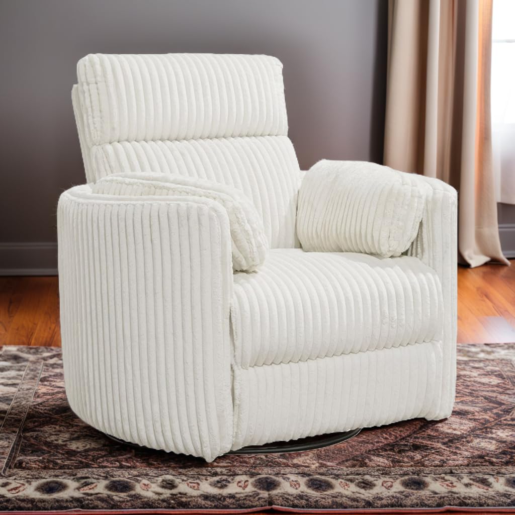 Pemberly Row Contemporary Fabric Swivel Glider Recliner in Ivory with USB Charging Ports and 2 Comfort Pillows for Living Room