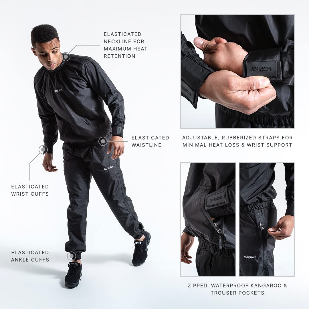 BOXRAW Hagler Professional Sauna Suit 1.0 Top & Bottoms Non Rip Weight Loss Sweat Suit Boxing MMA Training Gym (Black - L)