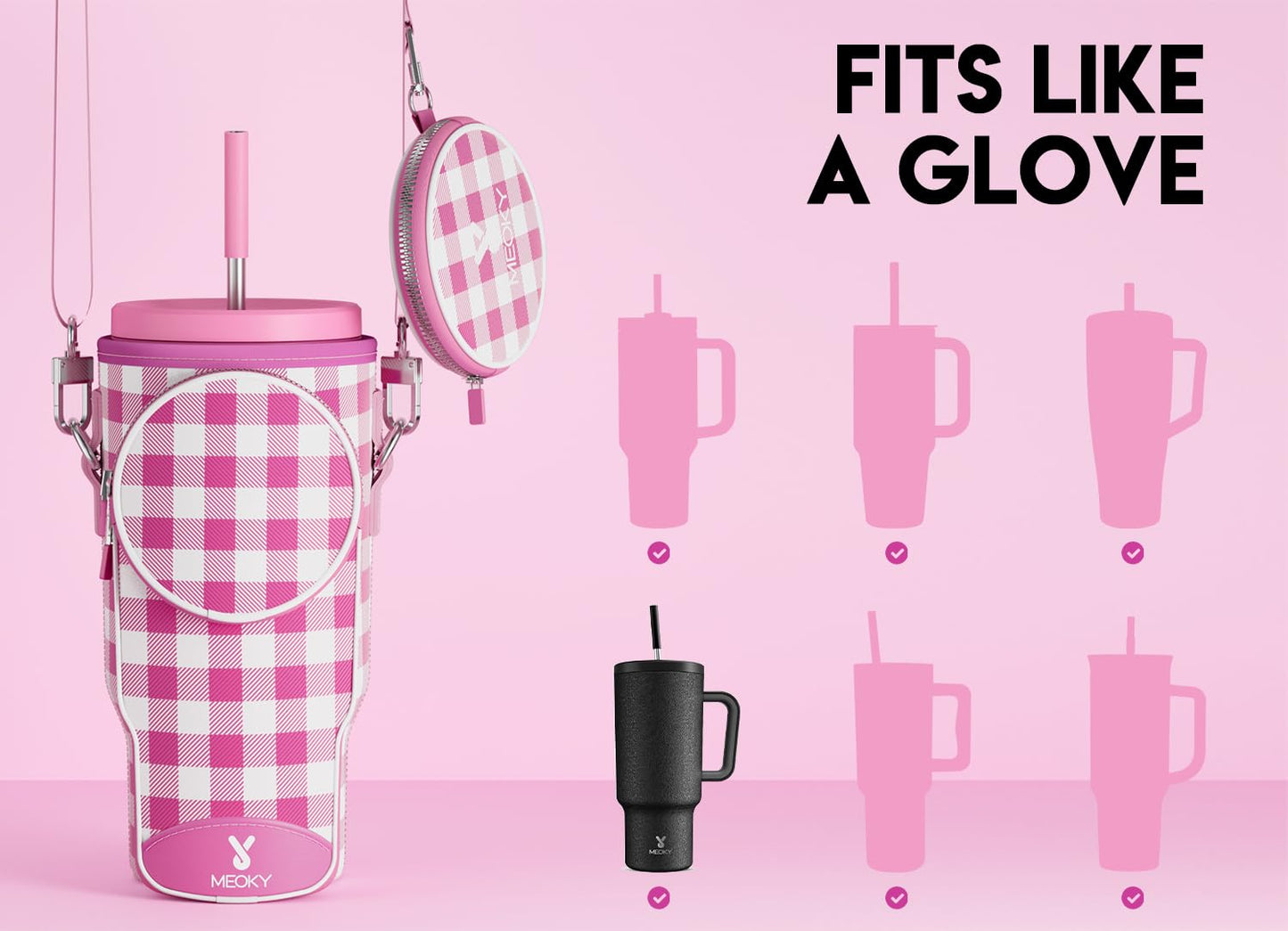 Meoky Water Bottle Carrier Bag with Phone Pocket for 40 oz Tumbler with Handle, Neoprene Water Bottle Holder Pouch with Adjustable Strap, 2 Carabiner Clips (Pink Plaid)