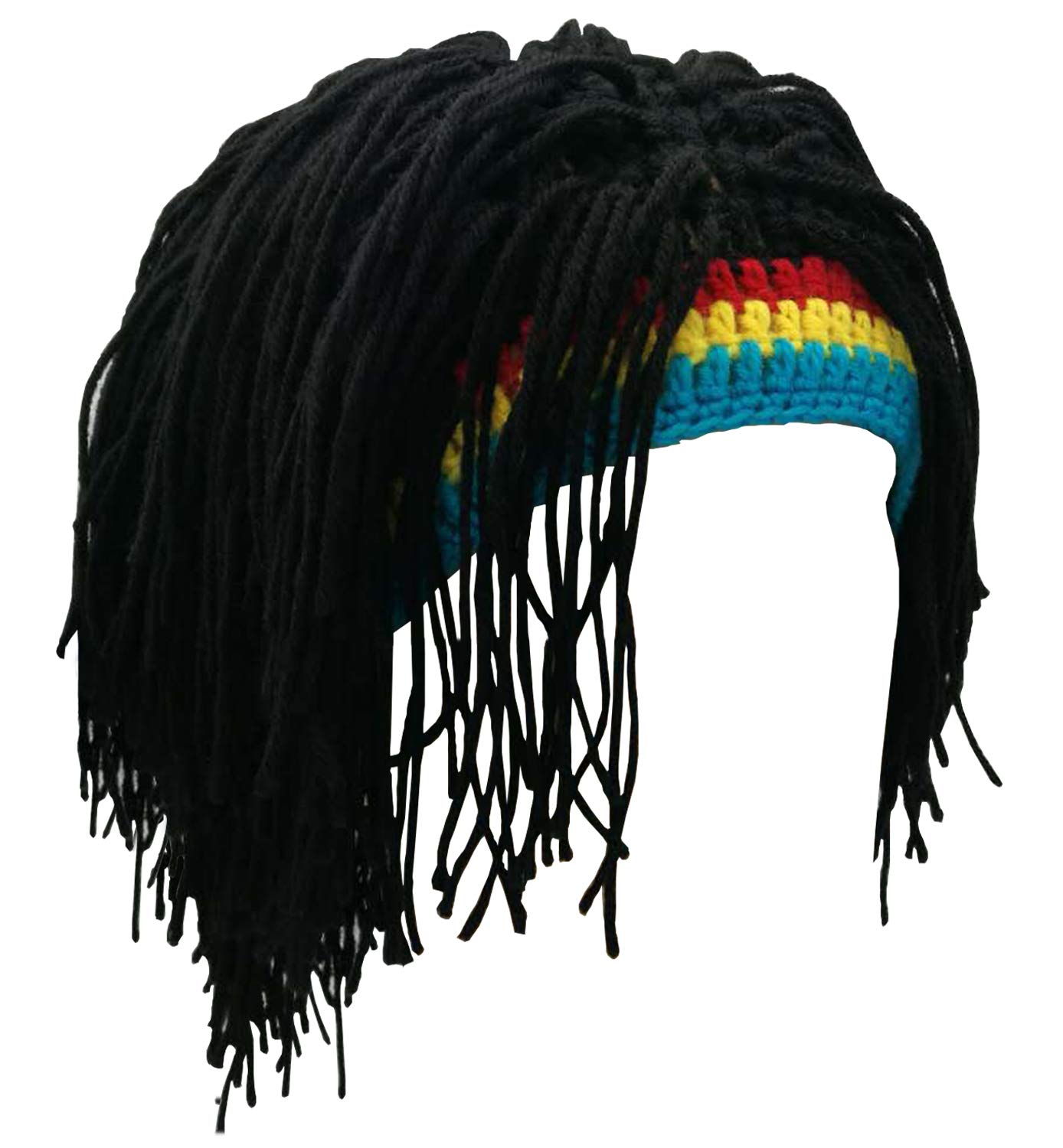 Kirmoo Knit Rasta Beanie Hats for Men Funny Winter Hats for Adults Jamaican Hat with Dreadlocks Fake Dreads Wig(Red Yellow Blue)