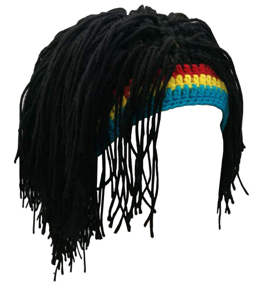 Kirmoo Knit Rasta Beanie Hats for Men Funny Winter Hats for Adults Jamaican Hat with Dreadlocks Fake Dreads Wig(Red Yellow Blue)