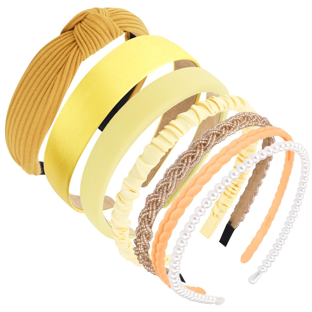 AHONEY 7 Pack Yellow Headbands for Women Girls Headbands Trendy Non Slip Hairbands Cute Hair Accessories Multi-style Headband Pack Diademas Para Mujer (Yellow)