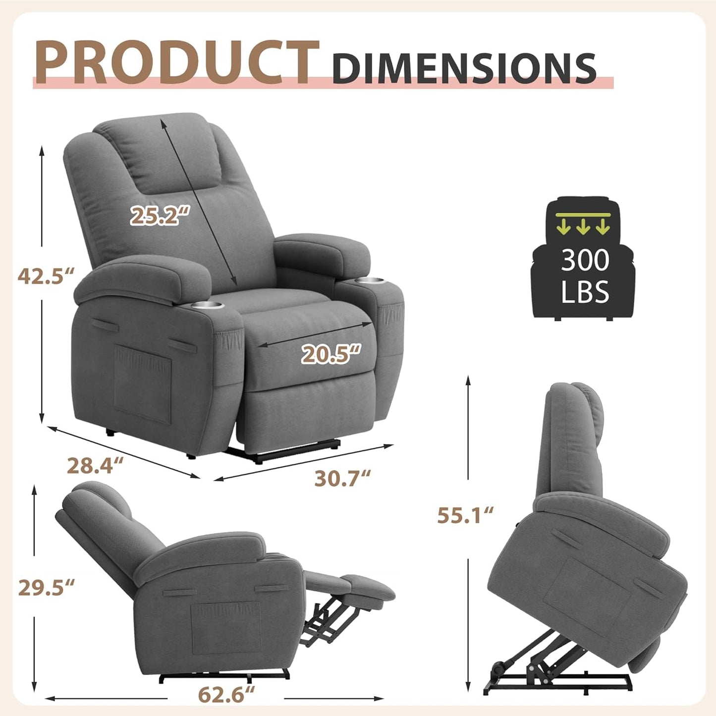 Flamaker Power Lift Recliner Chair with Massage Ergonomic Recliner Chair for Elderly People, Single Sofa with Cup Holders, Side Pockets