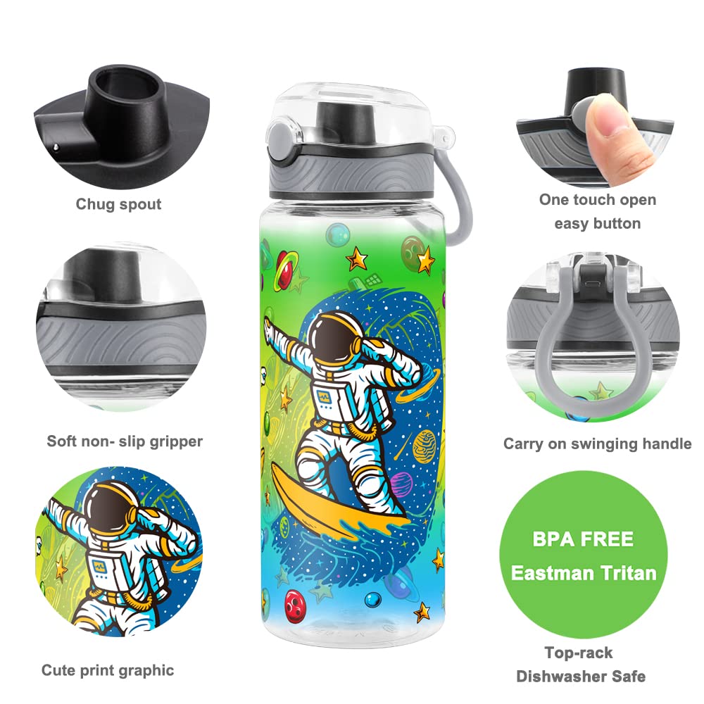 Cute Water Bottle for School Kids Girls, BPA FREE Tritan & Leak Proof & Easy Clean & Carry Handle, 23oz/ 680ml - Space Man
