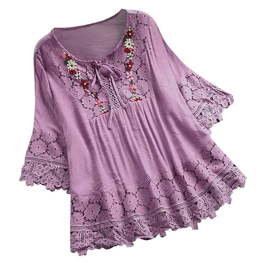 Aniywn Women Round Neck Lace Up Lace Patchwork Flare Pullover Top Casual Plus Size 3/4 Sleeve Floral Printed T-Shirt Purple