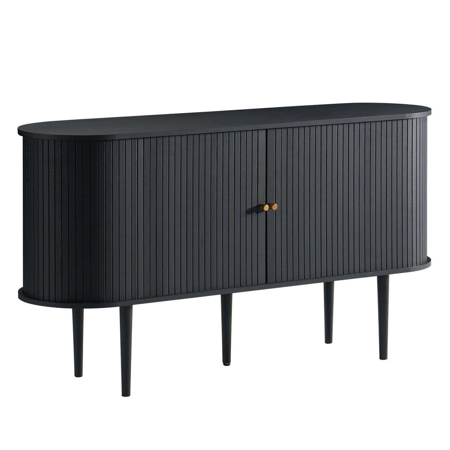 AMERLIFE 55" TV Stand with Solid Wood Legs, Mid Century Modern TV Console with Tambour Door for 80-inch TV, Dust-Proof Storage Cabinet for Living Room, Embossed Black