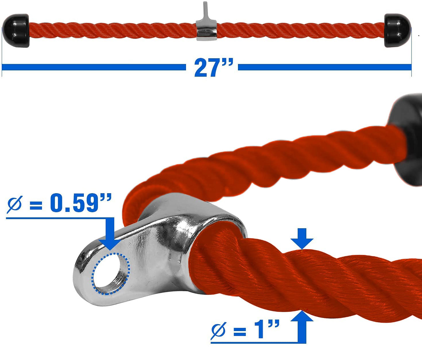 Yes4All Deluxe Red Tricep Rope 27 Inches Black Cable Attachment, Pulley System Gym Pull Down Rope with Carabiner, Exercise Machine Attachment