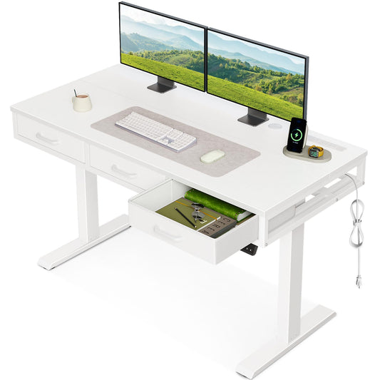 AODK Electric Standing Desk with Drawers, 47 Inch Height Adjustable Small Desk with Power Outlets, Sit Stand Table, Writing Computer Desk for Home, Office, Workstation, White