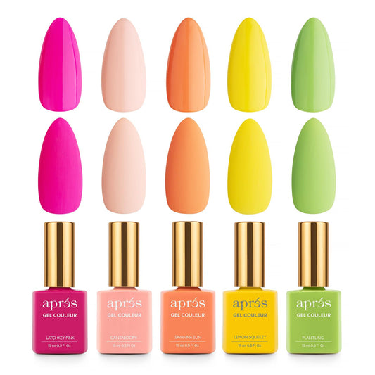 Apres Gel Couleur Combo Set, 5 Color Gel Nail Polish, Bright Nude Pastel Colors with Brush-X Nail Art Brush, 2024 Edition (Set 5)
