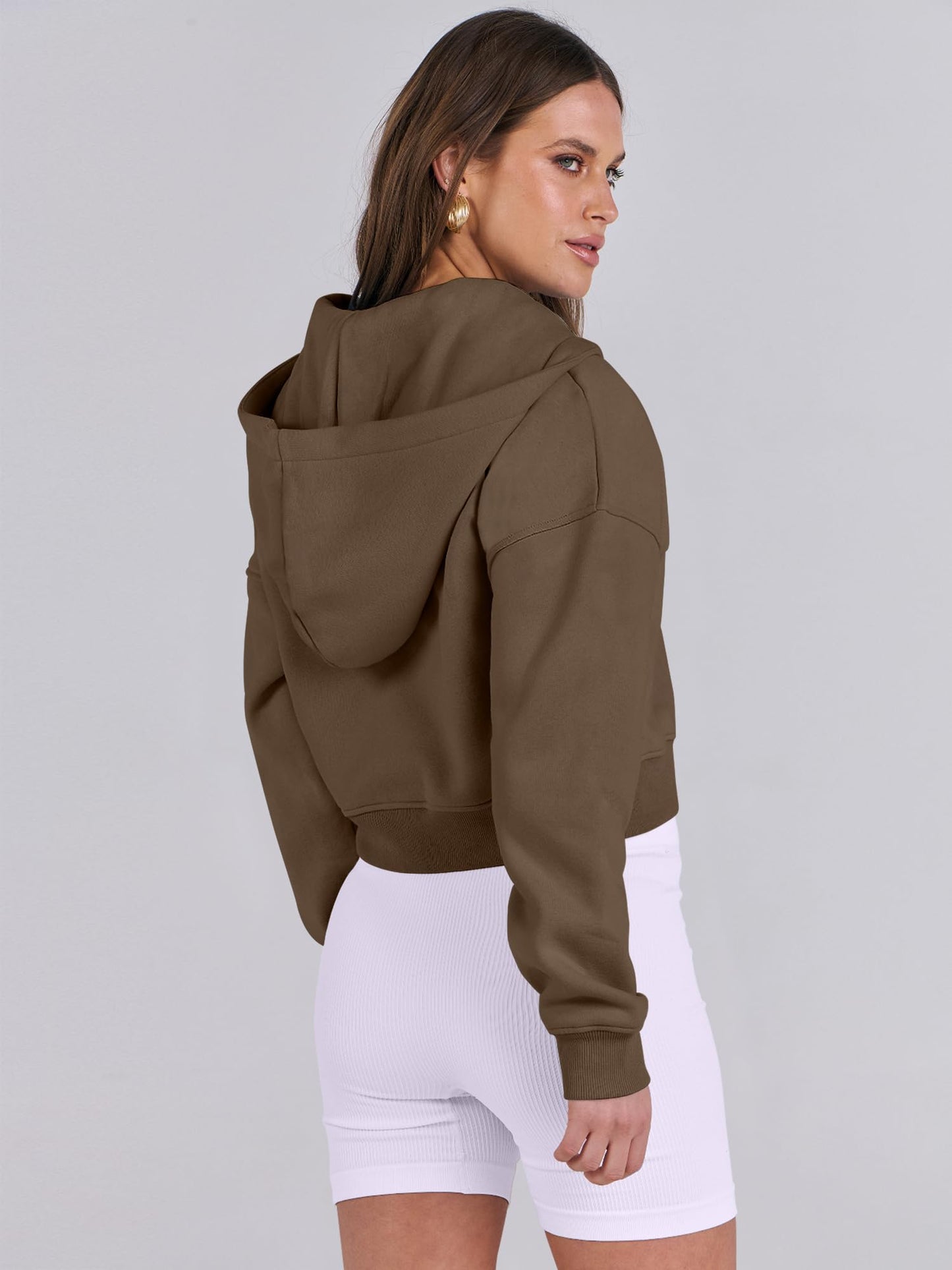 ANRABESS Womens Zip Up Crop Hoodie Sweatshirts 2024 Fall Trendy Long Sleeve Cropped Jacket Top Winter Teen Girls Clothes Dark Brown Medium