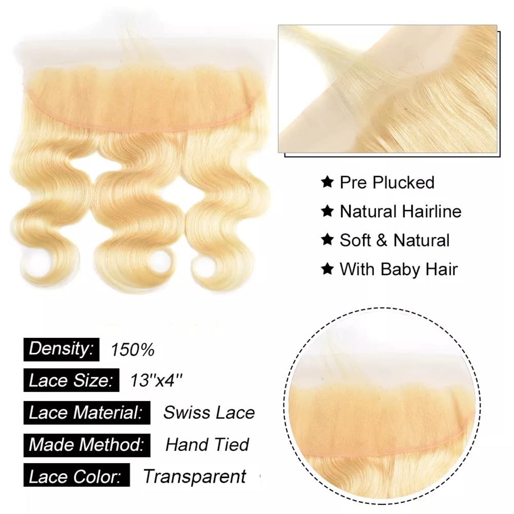 Aopusi 613 Blonde Human Hair 3 Bundles with Frontal Brazilian Body Wave Bundles with 13×4 Free Part Frontal 100% Virgin Human Hair Weave with Swiss Lace Frontal Closure(10 12 14+10)